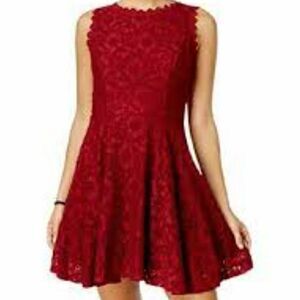 City Studio Juniors Maroon Lace Fit & Flare Cabernet Dress
